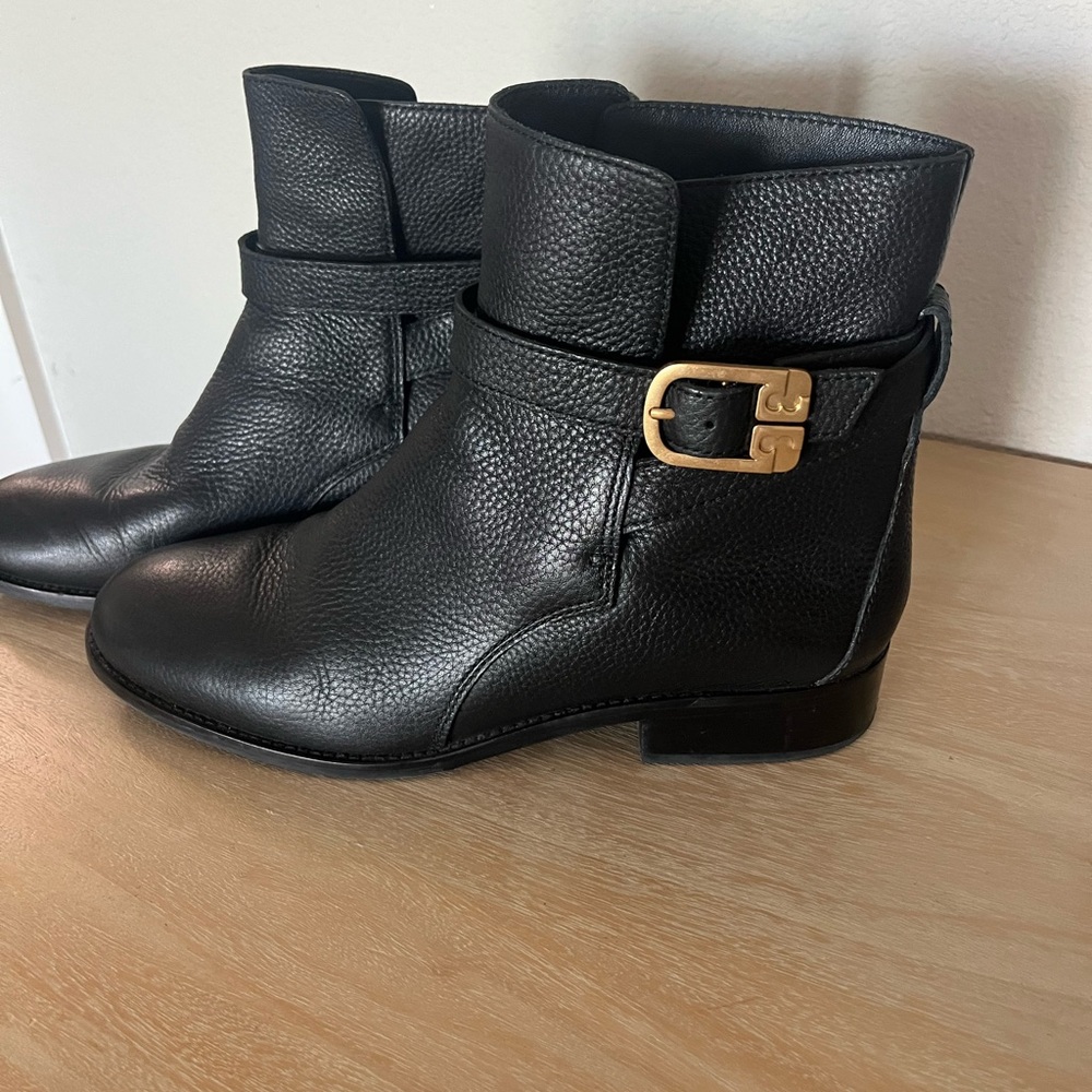 Tory Burch Black Ankle Boots with Gold Buckle